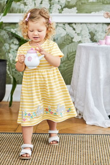 JoJo Maman Bébé Yellow Bunny Stripe Appliqué Button Front Jersey Dress