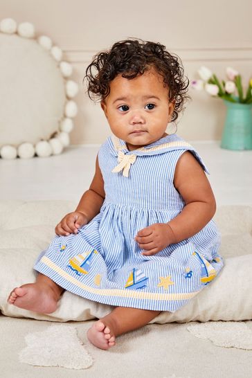 JoJo Maman Bébé Blue Boat Appliqué Sailor Baby Dress