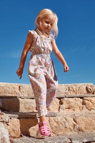 JoJo Maman Bébé Pink Sunflower Cotton Linen Frill Shoulder Jumpsuit