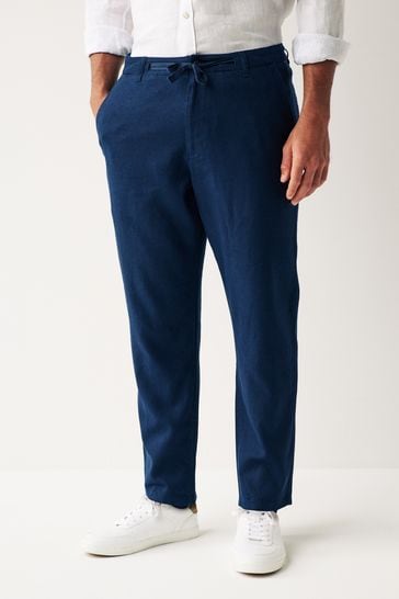 Navy Blue Linen Viscose Drawstring Trousers