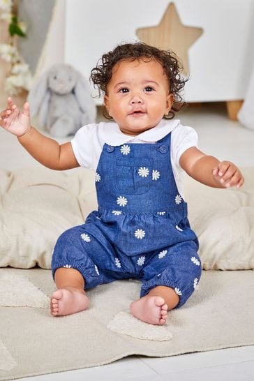 JoJo Maman Bébé Chambray Blue Daisy Embroidered Dungarees