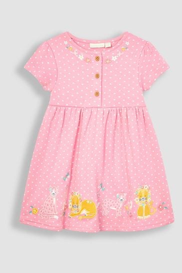 JoJo Maman Bébé Pink Lion & Tiger Spot Appliqué Button Front Jersey Dress