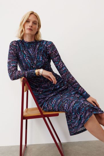 Oliver Bonas Blue Feather Print Mesh Midi Dress