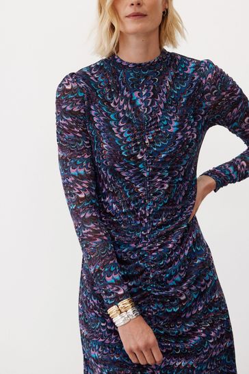 Blue feather print best sale dress