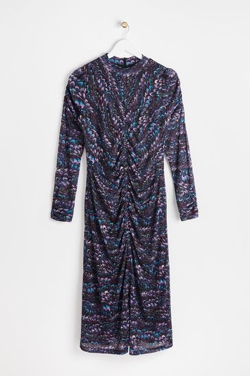 Buy Oliver Bonas Blue Feather Print Mesh Midi Dress from Next