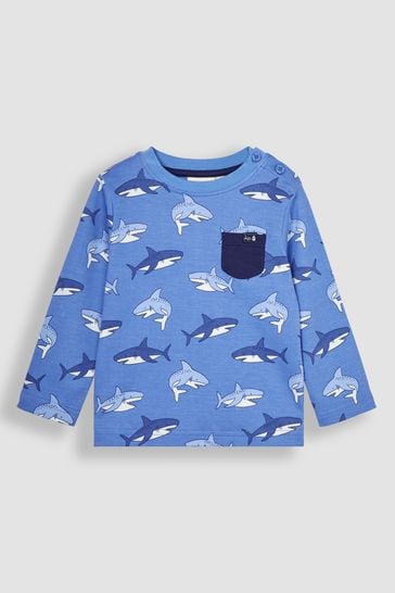 Camiseta con bolsillos en contraste y diseño de tiburones en azul para bebés de JoJo Maman Bébé
