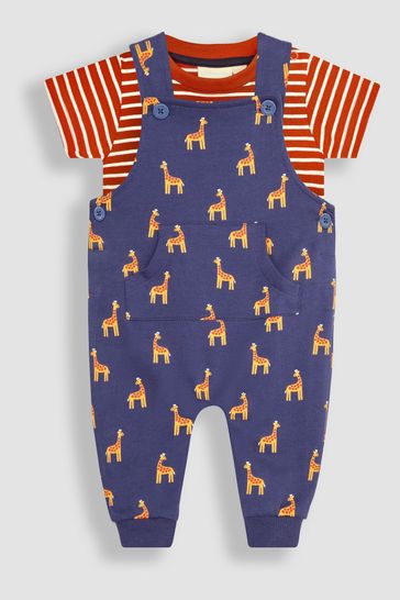 JoJo Maman Bébé Navy 2-Piece Giraffe Dungarees & Stripe T-Shirt Set