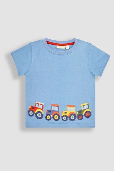 JoJo Maman Bébé Blue Tractor Appliqué Border T-Shirt