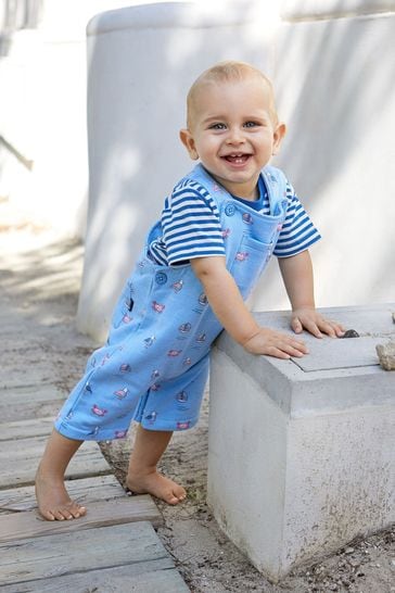 JoJo Maman Bébé Blue Nautical Dungarees & T-Shirt 2-Piece Set