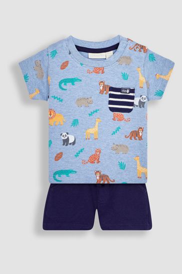 JoJo Maman Bébé Blue Safari Printed T-Shirt & Shorts Set