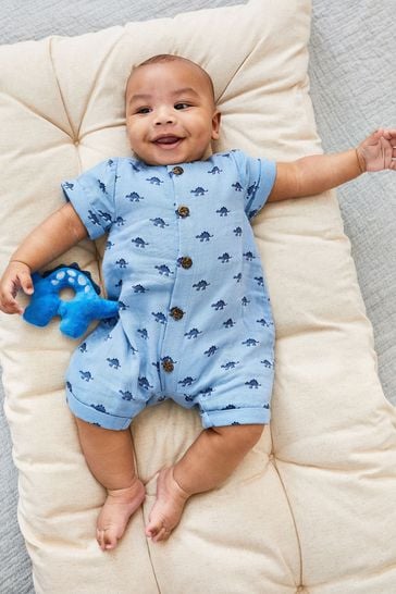 JoJo Maman Bebe Denim Dinosaur Cheesecloth Button Front Romper