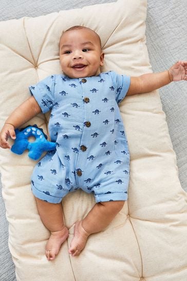 JoJo Maman Bébé Denim Dinosaur Cheesecloth Button Front Romper