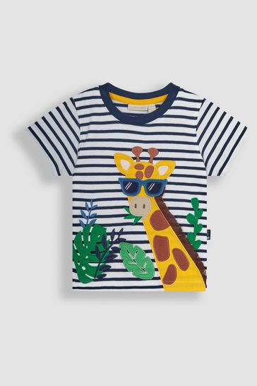 JoJo Maman Bébé White Navy Stripe Giraffe Interactive Appliqué T-Shirt