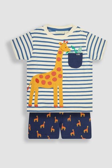 JoJo Maman Bébé Ecru Navy Stripe Giraffe Appliqué T-Shirt & Shorts Set