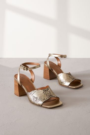 Gold Signature Leather Butterfly Block Heel Sandals