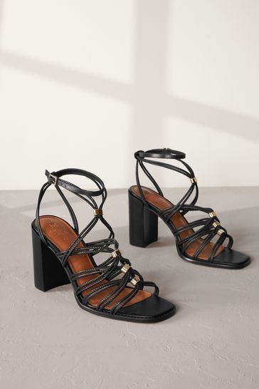 Black Signature Leather Hardware Detail Block Heel Sandals