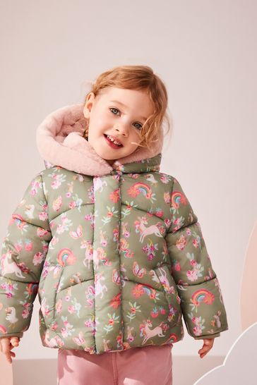 Buy Khaki Unicorn Shower Resistant Faux Fur Lined Hooded Padded Coat 3mths 7yrs from Next Turkey