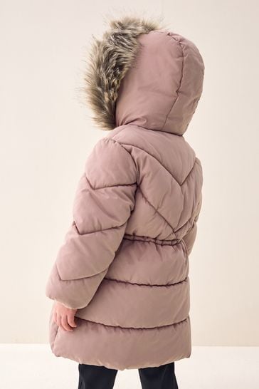 Pink puffer jacket with faux fur trim discount