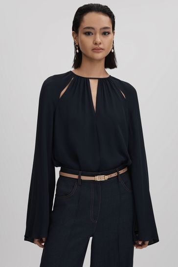 Reiss Navy Gracie Cut-Out Flute Sleeve Blouse