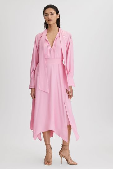 Reiss Pink Erica Tie Neck Zip Front Midi Dress