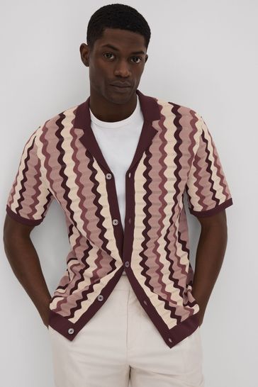 Reiss Rose Multi Waves Knitted Cuban Collar Shirt