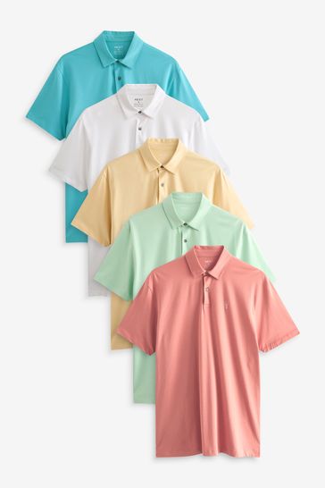 White/Blue/Green/Yellow/Red Regular Fit Short Sleeve Jersey Polo Shirts 5 Pack