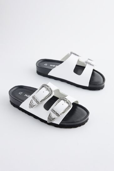 White Western Double Buckle Sandals