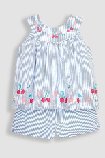 JoJo Maman Bébé Blue 2-Piece Cherry Embroidered Seersucker Blouse & Shorts Set