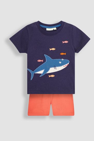 JoJo Maman Bébé Navy Blue Shark Appliqué T-Shirt & Shorts Set