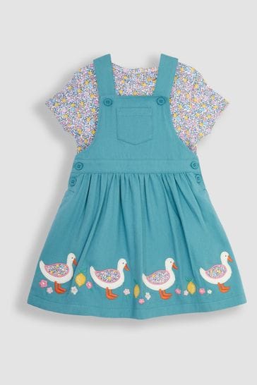 JoJo Maman Bébé Duck Egg 2-Piece Duck Appliqué Dungaree Dress & Floral T-Shirt Set