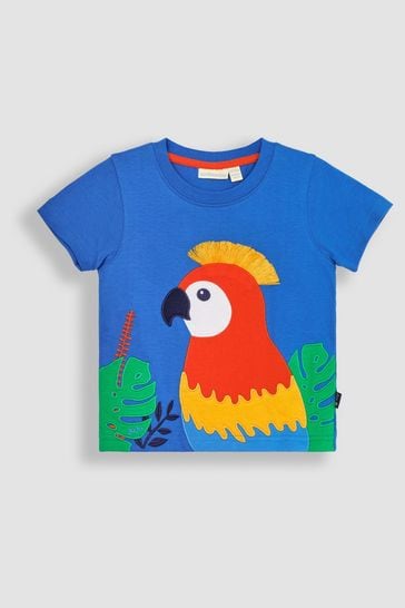 JoJo Maman Bébé Cobalt Tropical Bird Interactive Appliqué T-Shirt