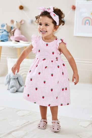 JoJo Maman Bébé Pink Strawberry Embroidered Gingham Pretty Summer Dress