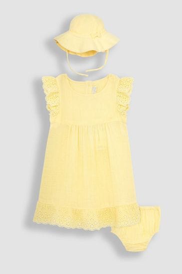 JoJo Maman Bébé Yellow 2-Piece Broderie Cheesecloth Dress & Hat Set