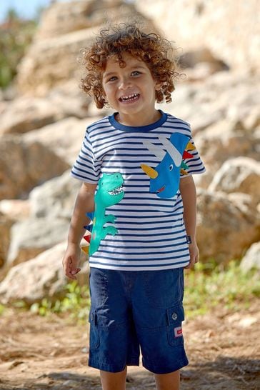 JoJo Maman Bébé White Navy Stripe Dino Novelty Appliqué T-Shirt