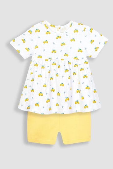 JoJo Maman Bébé White 2-Piece Crinkle Cotton Lemon Top & Shorts Set