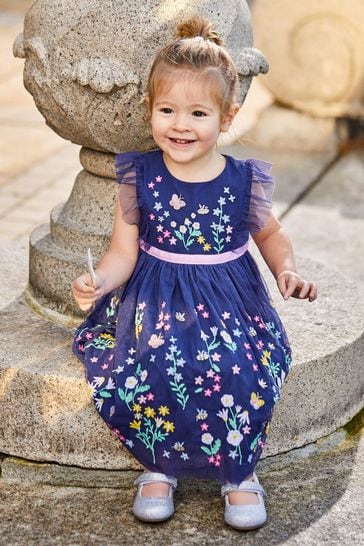 JoJo Maman Bébé Navy Blue Wildflower Embroidered Tulle Pretty Party Dress