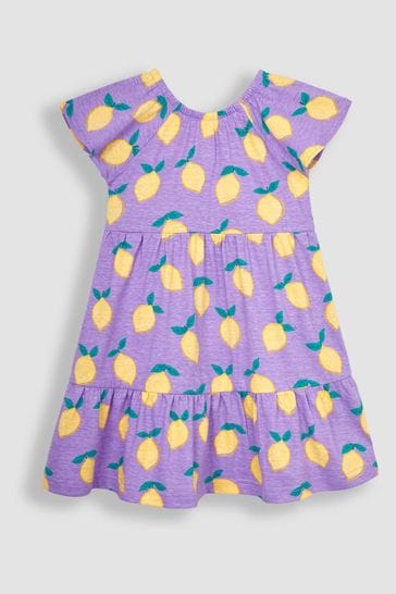 Vestido lila escalonado de punto jersey con estampado de limones y manga de volantes de JoJo Maman Bébé