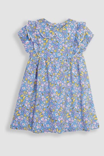 JoJo Maman Bébé Blue Flower & Bee Peter Pan Ruffle Tea Jersey Dress