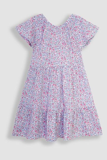 JoJo Maman Bébé Pink Pastel Ditsy Floral Ruffle Sleeve Tiered Jersey Dress