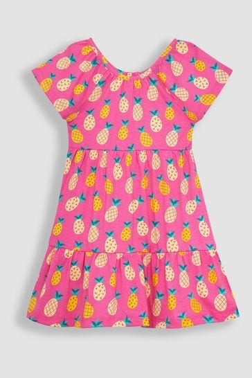 JoJo Maman Bébé Fuchsia Pink Pineapple Ruffle Sleeve Tiered Jersey Dress