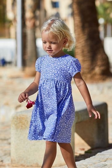 JoJo Maman Bébé Blue Strawberry Ditsy Floral Puff Sleeve Jersey Dress