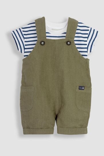 JoJo Maman Bébé Khaki Green Cotton Linen Dungarees & T-Shirt Set