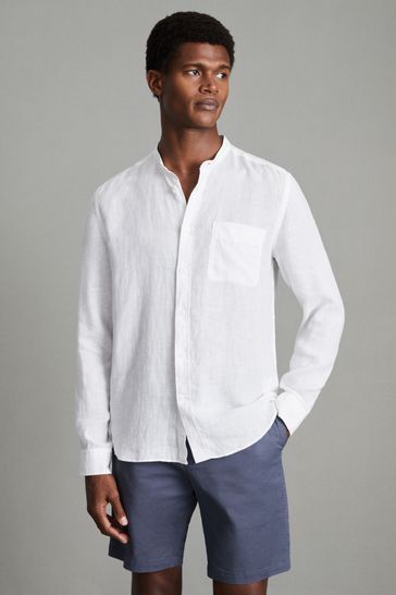Reiss White Ocean Linen Grandad Collar Shirt