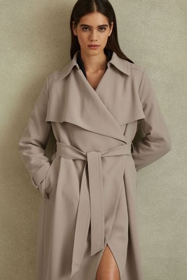 Reiss Mink Neutral Etta Double Breasted Belted Trench Coat