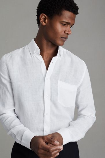 Reiss White Queens Linen Button-Down Collar Shirt