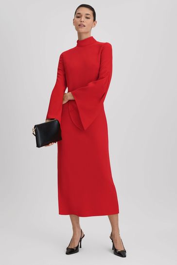 Reiss Red Katya Flute Sleeve Bodycon Midi Dress