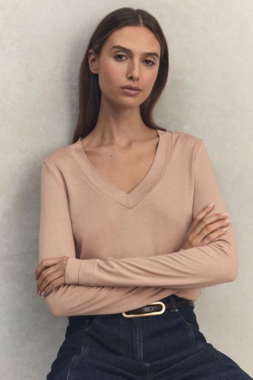 Reiss Camel Brady Jersey V-Neck Top