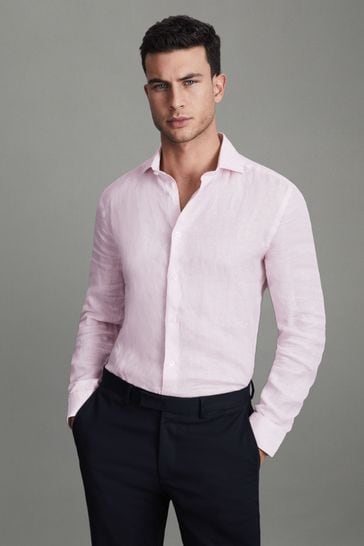 Camisa abotonada de lino Ruban de rayas finas en rosa pastel de Reiss