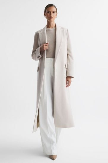 Reiss Neutral Lila Wool Blend Double Breasted Longline Coat