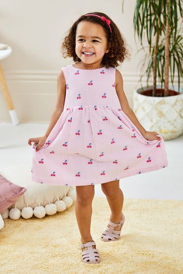 JoJo Maman Bébé Pink Cherry Stripe Embroidered Summer Dress